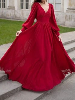 Women's Party Dress Cocktail Dress Wedding Guest Dress Long Dress Maxi Dress Wine Long Sleeve Pure Color Ruched Fall Winter Autumn V Neck Fashion Winter Dress Wedding Guest Birthday 2023 S M L XL