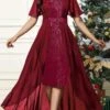 Women's Prom Dress Party Dress Sequin Dress Long Dress Maxi Dress Wine Half Sleeve Pure Color Sequins Spring Fall Winter Crew Neck Fashion Christmas Wedding Guest Evening Party 2023 S M L XL XXL 3XL -Tesla Style wwxflh1696671830458
