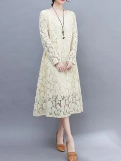 Women's Work Dress Lace Dress Black Dress Fashion Midi Dress Lace Pocket Crew Neck Long Sleeve Plain Loose Fit Black White Pink Fall M L XL XXL 3XL -Tesla Style wwyosa1693281263010