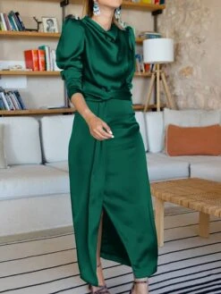 Women's Work Dress Satin Dress Semi Formal Dress Fashion Long Dress Maxi Dress Split Stand Collar Long Sleeve Plain Regular Fit Black Blue Sky Blue Fall Winter S M L XL -Tesla Style wxmihs1692761652702