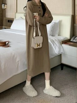 Women's Sweater Dress Jumper Dress Casual Dress Midi Dress Fashion Pure Color Outdoor Daily Vacation Going Out Lapel Long Sleeve Patchwork Button 2023 Regular Fit White Camel One Size -Tesla Style wxprqv1695280924940