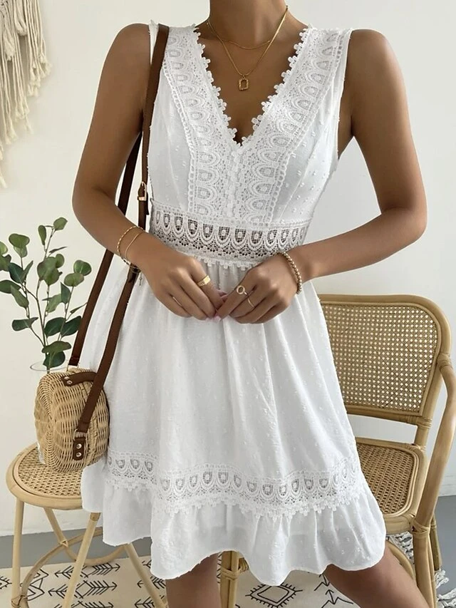 Women's Party Dress Lace Dress Cocktail Dress Midi Dress Black White Sleeveless Pure Color Lace Summer Spring V Neck Fashion Wedding Guest Vacation Summer Dress 2023 S M L XL 2XL 5 Women's Party Dress Lace Dress Cocktail Dress Midi Dress Black White Sleeveless Pure Color Lace Summer Spring V Neck Fashion Wedding Guest Vacation Summer Dress 2023 S M L XL 2XL - Image 3