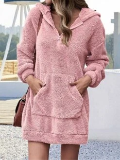 Women's Casual Dress Hoodie Dress Mini Dress Daily Basic Outdoor Vacation Going Out V Neck Zipper Pocket Solid Color Loose Fit Black Pink Blue S M L XL XXL