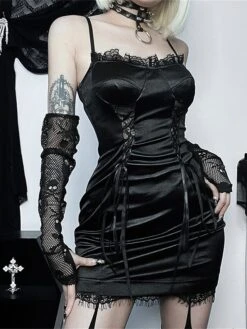 Women's Party Dress Cocktail Dress Bodycon Mini Dress Black Sleeveless Pure Color Lace Up Spring Fall Winter Spaghetti Strap Fashion Halloween Birthday Wedding Guest 2023 S M L -Tesla Style wxwpve1693886966894