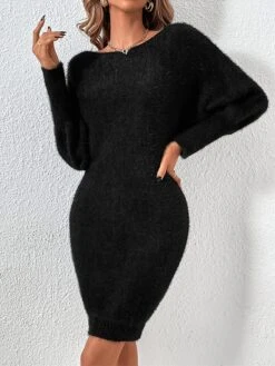 Women's Sweater Dress Winter Dress Jumper Dress Midi Dress Patchwork Street Daily Date Fashion Streetwear Crew Neck Long Sleeve 2023 Slim Black White Khaki Color S M L XL Size -Tesla Style wxxofw1692095369587