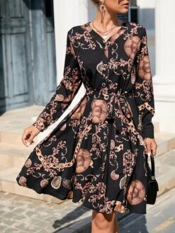 Women's Work Dress Semi Formal Dress A Line Dress Fashion Mini Dress Lace Up Button V Neck Long Sleeve Leopard Color Block Regular Fit Black White Red Fall S M L XL XXL -Tesla Style wzafhm1693300621225