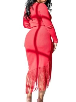 Women‘s Party Dress Wedding Guest Dress Fringe Dress Bodycon Midi Dress Black White Red Long Sleeve Pure Color Tassel Fringe Spring Fall Winter V Neck Fashion Winter Dress Vacation 2022 S M L XL XXL -Tesla Style wzbwsf1640250273129