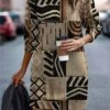 Women's Casual Dress Sweatshirt Dress Mini Dress Warm Daily Outdoor Vacation Going Out Crew Neck Print Geometric Regular Fit White Brown Khaki S M L XL XXL -Tesla Style wzuneb1696732802986