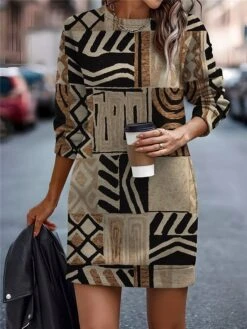 Women's Casual Dress Sweatshirt Dress Mini Dress Warm Daily Outdoor Vacation Going Out Crew Neck Print Geometric Regular Fit White Brown Khaki S M L XL XXL