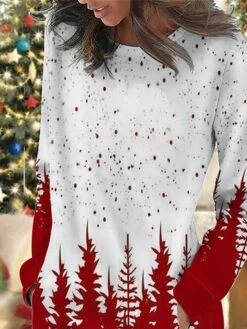 Women's Christmas Casual Dress Sweatshirt Dress Mini Dress Warm Fashion OutdoorHoliday Crew Neck Pocket PrintTree Loose Fit Burgundy Green S M L XL XXL -Tesla Style xabnwf1695644505067