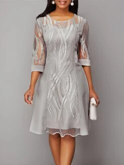 Women's Party Dress Lace Dress Homecoming Dress Midi Dress Gray 3/4 Length Sleeve Pure Color Lace Fall Winter Autumn Crew Neck Fashion Winter Dress Wedding Guest Birthday 2023 S M L XL XXL 3XL 4XL 5XL