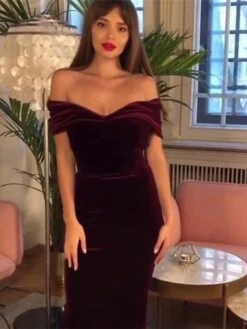Women's Party Dress Velvet Dress Wedding Guest Dress Knee Length Dress Wine Navy Blue Royal Blue Short Sleeve Pure Color Patchwork Summer Spring Fall Off Shoulder Hot Party Evening Party -Tesla Style xaegyy1631954403339