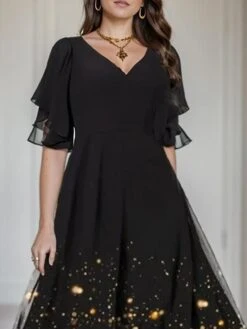 Women's Plus Size Prom Dress Party Dress Wedding Guest Dress Long Dress Maxi Dress Black Short Sleeve Ombre Print Spring Fall Winter V Neck Fashion Wedding Guest Evening Party Fall Dress 2023 L XL -Tesla Style xaejnj1696843632940
