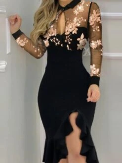 Women‘s Party Dress Wedding Guest Dress Sheath Dress Midi Dress Pink Red Long Sleeve Flower Ruffle Winter Fall Spring Stand Collar Fashion Party Spring Dress Slim 2023 S M L XL XXL -Tesla Style xaiyvg1672136970514