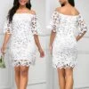 Women‘s Party Dress Wedding Guest Dress Shift Dress White Dress Mini Dress White Half Sleeve Pure Color Lace Fall Spring Autumn Off Shoulder Elegant 2023 S M L XL XXL -Tesla Style xanllg1677663052302