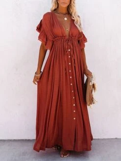 Women's Long Dress Maxi Dress Party Dress Casual Dress Swing Dress Pure Color Fashion Casual Outdoor Daily Vacation Ruffle Backless Short Sleeve V Neck Dress Loose Fit ArmyGreen White Red Summer -Tesla Style xazatw1676277813988