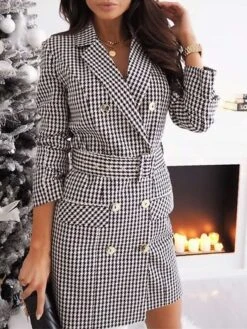 Women‘s Work Dress Blazer Dress And Jacket Set Sheath Dress Mini Dress Black Khaki Long Sleeve Plaid Button Fall Winter Autumn Shirt Collar Stylish Winter Dress Fall Dress Loose Fit 2023
