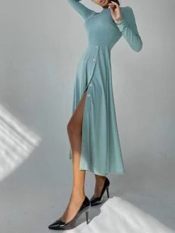 Women's Sweater Dress Winter Dress Jumper Dress Midi Dress Button Split Daily Date Going Out Fashion Basic Crew Neck Long Sleeve 2023 Regular Fit Black Blue Camel Color S M L XL Size -Tesla Style xbnofs1692357245497