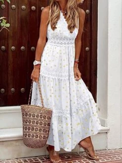 Women's Party Dress Lace Dress Swing Dress Long Dress Maxi Dress White Yellow Pink Sleeveless Polka Dot Lace Summer Spring V Neck Vacation Regular Fit 2023 S M L XL XXL -Tesla Style xbwxnz1659064289461