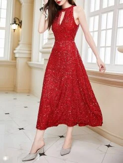 Women‘s Party Dress Sequin Dress Cocktail Dress Midi Dress Wine Sleeveless Pure Color Sparkly Glitter Sequins Summer Spring Fall Halter Neck Fashion Wedding Guest Vacation Summer Dress Slim -Tesla Style xbxipm1690523429927