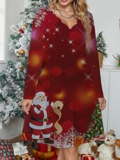 Women's Work Dress Casual Dress Fashion Winter Dress Christmas Daily Mini Dress Print V Neck Long Sleeve Santa Claus Snowman Regular Fit Black Wine Red Fall Winter S M L XL XXL -Tesla Style xbznlp1695888020476