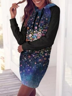 Women's Casual Dress Hoodie Dress Winter Dress Floral Print Hooded Mini Dress Fashion Streetwear Outdoor Daily Long Sleeve Loose Fit Blue Green Fall Winter S M L XL XXL -Tesla Style xcbnia1694153833855