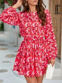 Women's Work Dress A Line Dress Fashion Mini Dress Lace Up Print Crew Neck Long Sleeve Floral Regular Fit Black White Red Fall S M L XL XXL