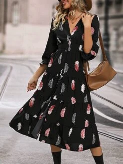 Women's Work Dress Casual Dress Swing Dress Fashion Winter Dress Daily Midi Dress Button Split V Neck Long Sleeve Print Regular Fit Black Fall Winter S M L XL -Tesla Style xcgjfw1695096212945