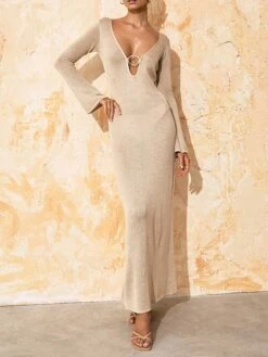 Women's Sweater Dress Winter Dress Jumper Dress Long Dress Maxi Dress Backless Hollow Out Outdoor Daily Date Active Fashion V Neck Long Sleeve 2023 Regular Fit Black Khaki Color S M L Size -Tesla Style xckfhw1692696049263