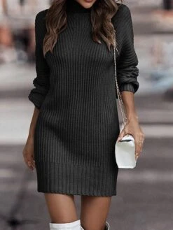Women's Sweater Dress Jumper Dress Casual Dress Mini Dress Warm Pure Color Outdoor Casual Daily Going Out Turtleneck Long Sleeve 2023 Loose Fit Black White Pink S M L XL XXL -Tesla Style xcudlf1694151293000