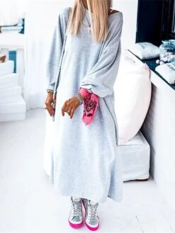 Women's Casual Dress Sweatshirt Dress Winter Dress Long Dress Maxi Dress Split Outdoor Street Daily Active Fashion Crew Neck Long Sleeve 2023 Loose Fit Gray Color S M L XL Size