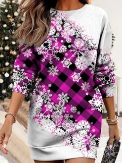 Women's Christmas Casual Dress Sweatshirt Dress Mini Dress Warm Fashion Outdoor Vacation Crew Neck Print Geometric Print Loose Fit Red Blue Purple S M L XL XXL -Tesla Style xcyiuh1695371443446