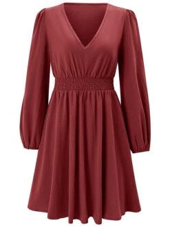 Women's Work Dress Black Dress Semi Formal Dress Fashion Mini Dress Ruched V Neck Long Sleeve Plain Regular Fit Black Red Blue Fall Winter S M L XL -Tesla Style xcynch1693300588749