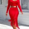 Women‘s Party Dress Wedding Guest Dress Fringe Dress Bodycon Midi Dress Black White Red Long Sleeve Pure Color Tassel Fringe Spring Fall Winter V Neck Fashion Winter Dress Vacation 2022 S M L XL XXL -Tesla Style xdgzim1640250272533