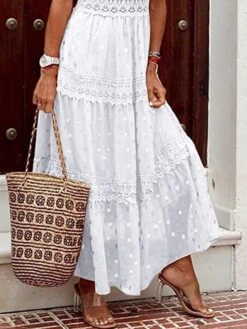 Women's Long Dress Maxi Dress Party Dress Casual Dress A Line Dress Polka Dot Modern Casual Outdoor Daily Holiday Lace Ruffle Sleeveless V Neck Dress Regular Fit White Summer Spring S M L XL XXL -Tesla Style xdkpek1676528909112