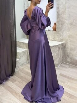 Women's Prom Dress Party Dress Satin Dress Long Dress Maxi Dress Wine Purple Green Long Sleeve Pure Color Lace Up Fall Winter Autumn V Neck Fashion Winter Dress Evening Party Vacation 2023 S M L XL -Tesla Style xdmdde1694596885482