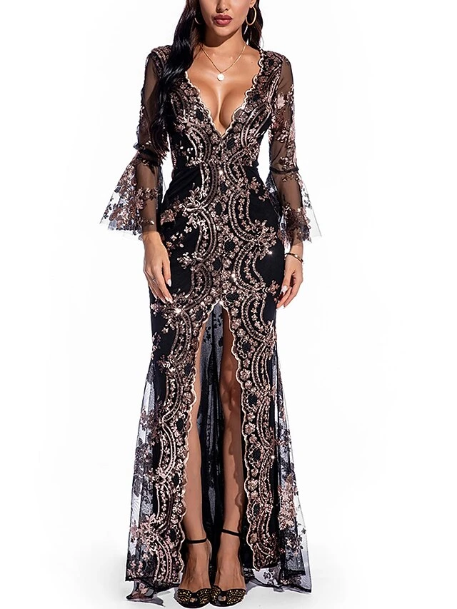 Women's Prom Dress Party Dress Sequin Dress Long Dress Maxi Dress Black Gold Long Sleeve Floral Sequins Spring Fall Winter V Neck Fashion Party Winter Dress Wedding Guest 2023 S M L XL 9 Women's Prom Dress Party Dress Sequin Dress Long Dress Maxi Dress Black Gold Long Sleeve Floral Sequins Spring Fall Winter V Neck Fashion Party Winter Dress Wedding Guest 2023 S M L XL - Image 7
