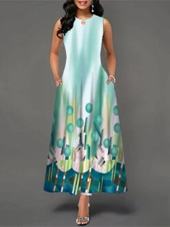 Women's Work Dress Semi Formal Dress Elegant Maxi Dress Pocket Print Crew Neck Sleeveless Floral Regular Fit Black White Orange Summer Spring S M L XL XXL -Tesla Style xffeas1678863986240