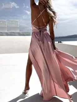 Women's Prom Dress Party Dress Satin Dress Pink Dress Long Dress Maxi Dress Fuchsia Khaki Sleeveless Pure Color Backless Summer Spring Fall Spaghetti Strap Fashion Birthday Evening Wedding Guest 2023 -Tesla Style xfgabv1663237138164