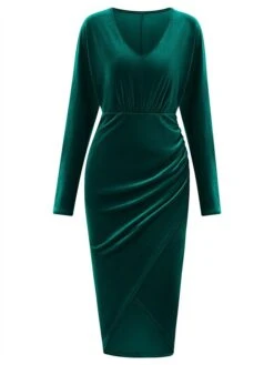 Women‘s Prom Dress Party Dress Velvet Dress Black Dress Midi Dress Wine Green Long Sleeve Pure Color Ruched Spring Fall Winter V Neck Fashion Winter Dress Evening Party Wedding Guest 2023 -Tesla Style xfhgym1692167795869