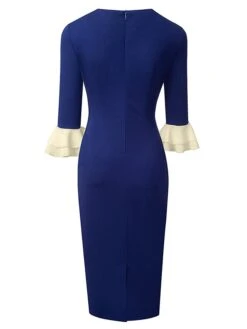 Women's Work Dress Sheath Dress Semi Formal Dress Fashion Midi Dress Lace Up Ruffle Crew Neck Long Sleeve Color Block Regular Fit Black Dark Blue Fall Winter S M L XL XXL -Tesla Style xfpngn1693374193071