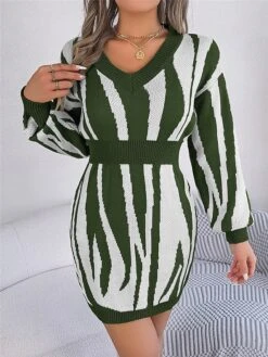 Women's Sweater Dress Winter Dress Jumper Dress Mini Dress Warm Stripe Outdoor Casual Holiday Vacation V Neck Long Sleeve Patchwork 2023 Loose Fit Green Khaki Rose Red S M L -Tesla Style xfquoq1696926515056