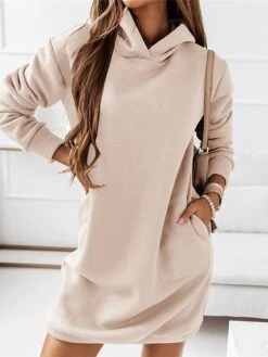 Womenâs Hoodie Dress Winter Dress Knee Length Dress Black Khaki Brown Long Sleeve Fall Solid Color Patchwork Winter Casual Loose S M L XL XXL XXXL