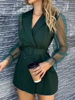 Women's Work Dress Blazer Dress Sheath Dress Fashion Office Daily Workfashion Mesh Sleeve Mini Dress Mesh Button Shirt Collar Long Sleeve Plain Regular Fit Black Dark Green Green Fall Winter S M L -Tesla Style xgdjzc1697711839903