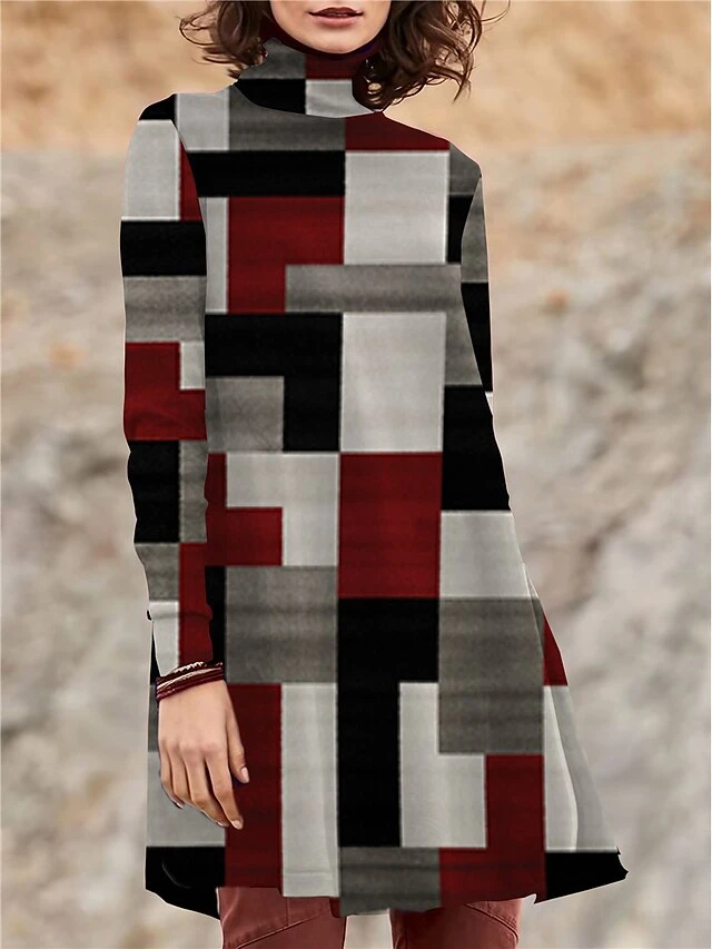Women's Work Dress Casual Dress Swing Dress Fashion Winter Dress Daily Mini Dress Print Turtleneck Long Sleeve Geometric Color Block Regular Fit Yellow Wine Red Fall Winter S M L XL XXL 8 Women's Work Dress Casual Dress Swing Dress Fashion Winter Dress Daily Mini Dress Print Turtleneck Long Sleeve Geometric Color Block Regular Fit Yellow Wine Red Fall Winter S M L XL XXL - Image 6