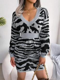 Women's Sweater Dress Jumper Dress Casual Dress Mini Dress Fashion Stripe Outdoor Daily Going Out V Neck Long Sleeve 2023 Loose Fit Blue Khaki Gray S M L -Tesla Style xhiabh1695030496288