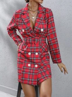Women's Work Dress Blazer Dress Sheath Dress Fashion Mini Dress Button Print Lapel Long Sleeve Plaid Regular Fit Red Khaki Fall S M L XL XXL -Tesla Style xhnpbj1693281045614