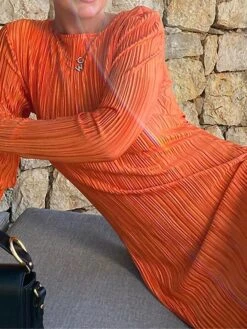 Women's Work Dress Sheath Dress Semi Formal Dress Fashion Daily Workfashion Long Dress Maxi Dress Ruched Pleated Crew Neck Long Sleeve Plain Slim Black Orange Fall Winter S M L -Tesla Style xhzbbz1695645277863