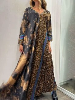 Women's Work Dress Casual Dress Swing Dress Fashion Winter Dress Daily Long Dress Maxi Dress Ruched Print V Neck Long Sleeve Leopard Loose Fit Brown Fall Winter S M L XL XXL -Tesla Style xhzgdh1695635340509