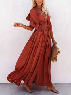 Women's Long Dress Maxi Dress Party Dress Casual Dress Swing Dress Pure Color Fashion Casual Outdoor Daily Vacation Ruffle Backless Short Sleeve V Neck Dress Loose Fit ArmyGreen White Red Summer -Tesla Style xiebtn1676277814722